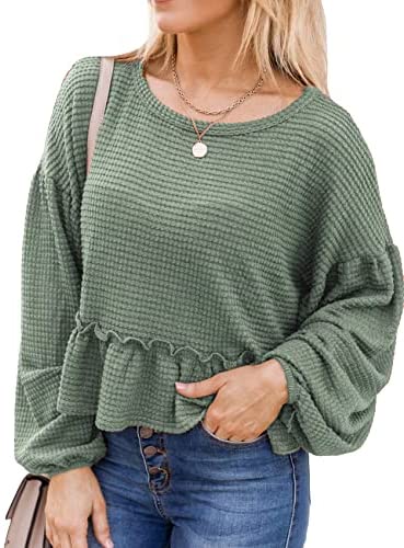Womens Long Sleeve Blouse Fall Tops Ruffle Hem Balloon Sleeves Casual Loose Plain Blouses for Women