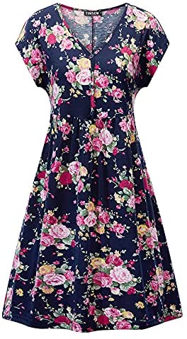 TIMSEM Women's Short Sleeve Dresses V Neck Half Button Summer Floral Smock Dress