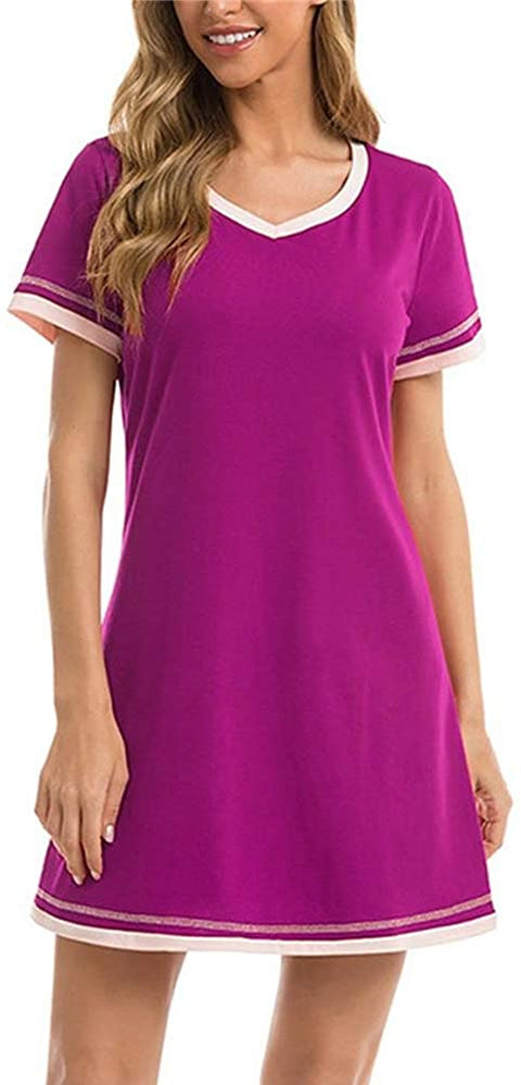 Aoysky Women's Long Nightgown Short Sleeve Nightwear V Neck Soft Sleep Dress Sleepwear