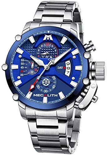 MEGALITH Men's Watch 45mm Stainless Steel Chronograph Waterproof Fashion Watch Analog Quartz Date Heavy Duty Watches for Men Metal Luminous Multifunctional Cool Designer Gents Wrist Watches