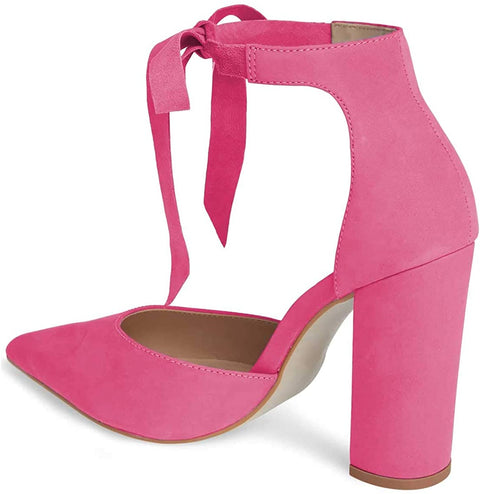 FSJ Women Faux Suede Chunky Block Heel Pump D'Orsay Pointed Toe Ankle Strap Lace Up Sandals Size 4-15 US