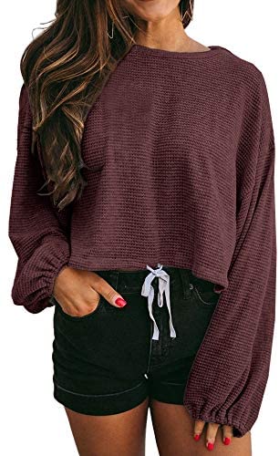 GAMISOTE Women's Waffle Knit Long Sleeve Tops Oversized Plain Crop Pullover Sweaters