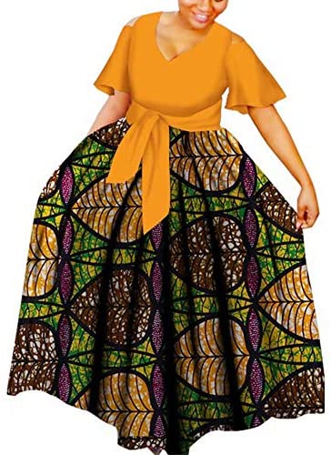 XIAOHUAGUA Women's Elegant Short Sleeve Maxi Dress African Dashiki Casual Tie Waist Daily Dresses