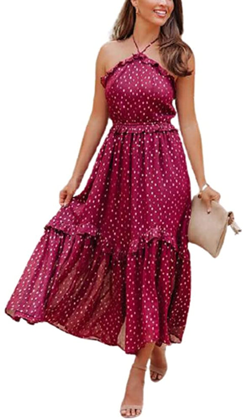 Womens Sexy Sleeveless Halter Neck Backless Floral Polka Dots Print Ruffle Tiered Boho Chiffon Flowy Long Maxi Dress
