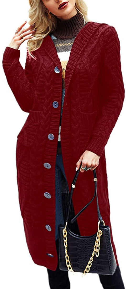 Dyexces Womens Sweaters Cardigan Long Hooded Button Open Front Sweater Cable Knit Casual Coat with Pockets