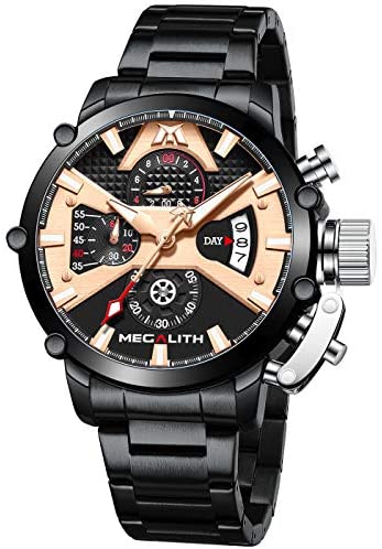 MEGALITH Men's Watch 45mm Stainless Steel Chronograph Waterproof Fashion Watch Analog Quartz Date Heavy Duty Watches for Men Metal Luminous Multifunctional Cool Designer Gents Wrist Watches