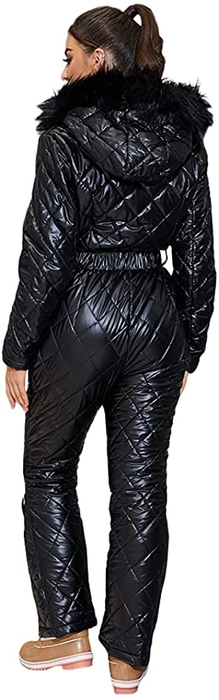 Womens Onesies Ski Suit Winter Outdoor Waterproof Ski Jumpsuit Jacket Overall Snowsuit Fur Collar with Hoodies Removable