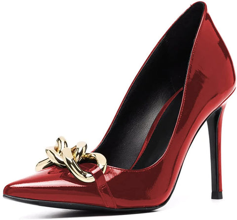 FSJ Women Fashion Pointed Toe Stilleto Heels Dress Pumps Metal Chain Slip On Wide Width High Heel Pumps Evening Party Shoes Size 4-15 US