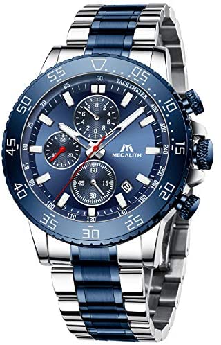 MEGALITH Mens Chronograph Watches Stainless Steel Man Waterproof Watch Luminous Gent Wristwatches for Men Fashion Business Classic Analog Quartz Date Watches
