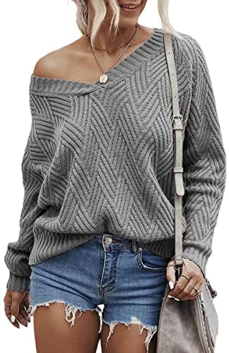 Womens Fashion Sweaters Sexy V Neck Long Sleeve Oversized Cable Knit Pullovers Casual Tunic Tops