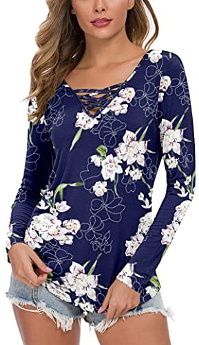 WNEEDU Women's Casual Long Sleeve T-Shirt Criss Cross V-Neck Basic Tees Tops