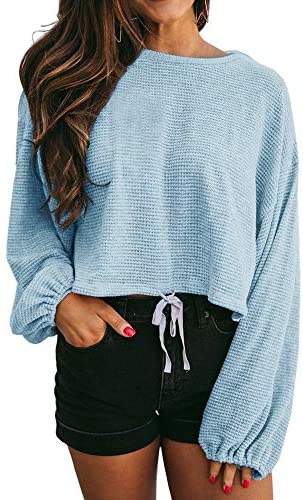GAMISOTE Women's Waffle Knit Long Sleeve Tops Oversized Plain Crop Pullover Sweaters