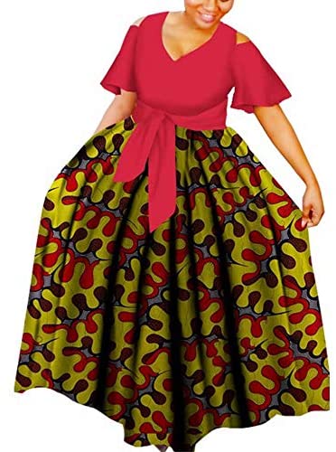 XIAOHUAGUA Women's Elegant Short Sleeve Maxi Dress African Dashiki Casual Tie Waist Daily Dresses