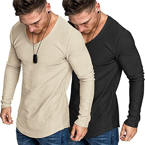 Men 2 Pack Muscle V Neck T Shirt Gym Athletic Fit Long Sleeves Tee Top