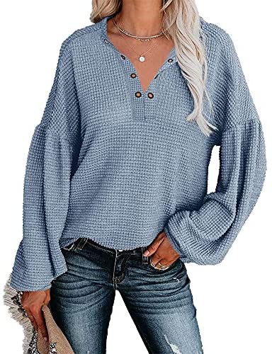 Women Casual V Neck Waffle Knit Shirts Tunic Tops Solid Color Loose Sweatshirts Pullover