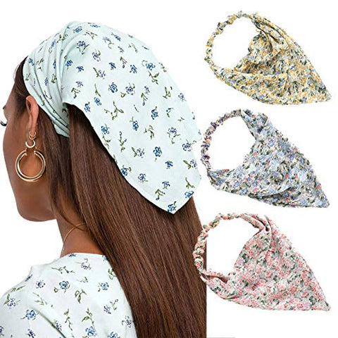 Floral Elastic Hair Scarf Headband - 3 PCS Chiffon Head Kerchief Headband Print Floral Hair Scarves with Hair Clips Kerchief Head Scarf Hair Bandanas for Women (White/Beige/Purple)
