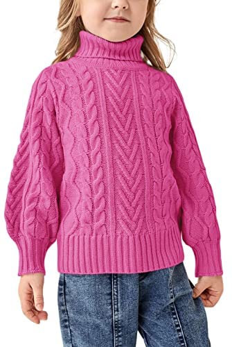 Girls Sweater Turtle Neck Puff Sleeve Chunky Cable Knit Kids Pullover Jumper Top