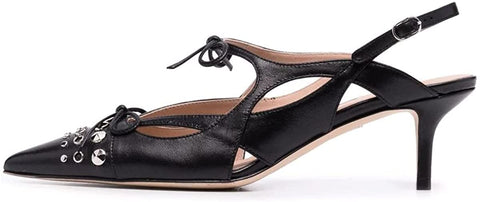 FSJ Women Cute Pointed Toe Cut Out Pumps Low Kitten Heel Sandals Double Mini Bows Slingback Comfy Buckle Office Dress Party Shoes Size 4-15 US