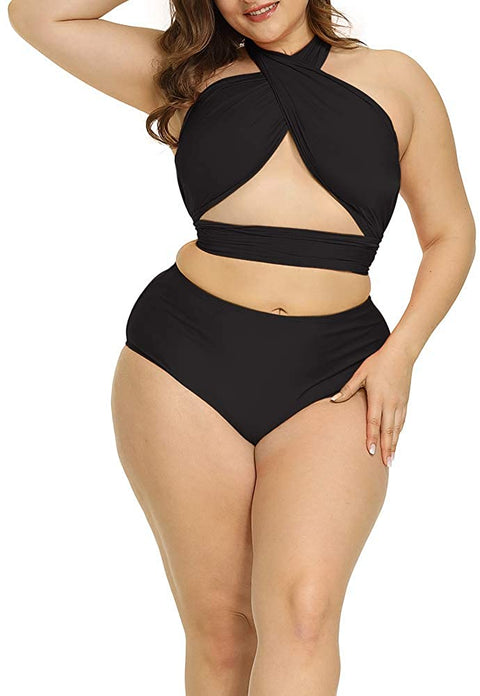 Women Plus Size Swimsuit Self Tie Bikini Sets Two Piece Backless Swimwear