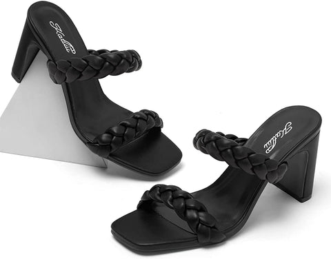 Katliu Women's Braided Heeled Mules Square Toe Block Heel Sandals Two Strap Heeled Slide Sandals