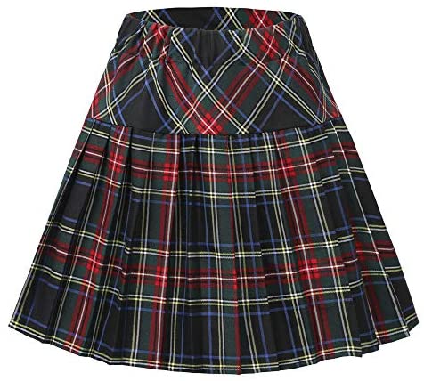 Women's Elastic Waist Plaid Pleated Skirt Tartan Skater School Uniform Mini Skirts
