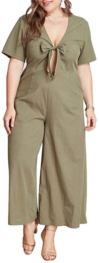 Women's Sexy Bowknot Short Sleeve V Neck Spring Summer Party Wide Leg Jumpsuits