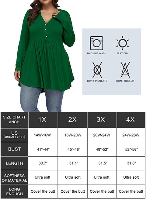 Women's Plus Size Henley V Neck Button Tunic Tops Long sleeve Swing Flowy Shirts