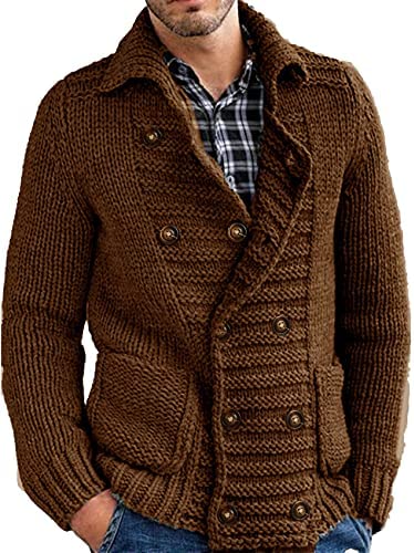 Mens Cable Knit Cardigan Sweater Stand Collar Button Down Loose Fit Long Sleeve Warm Casual Cardigans with Pockets