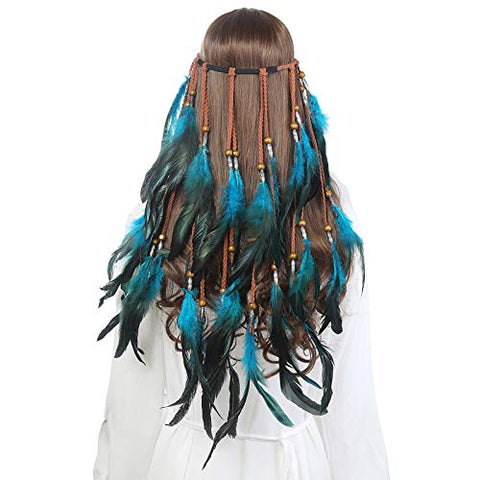 Boho Headdress Feather Headband Accessories - AWAYTR Feather Elastic Gypsy Festival Headband Indian Fancy Headpieces 1970s (Blue)