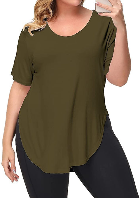 Womens Casual Scoop Collar Plus Size T Shirts Black 2X & Side Split Tops Without Pockets Army Green 2X
