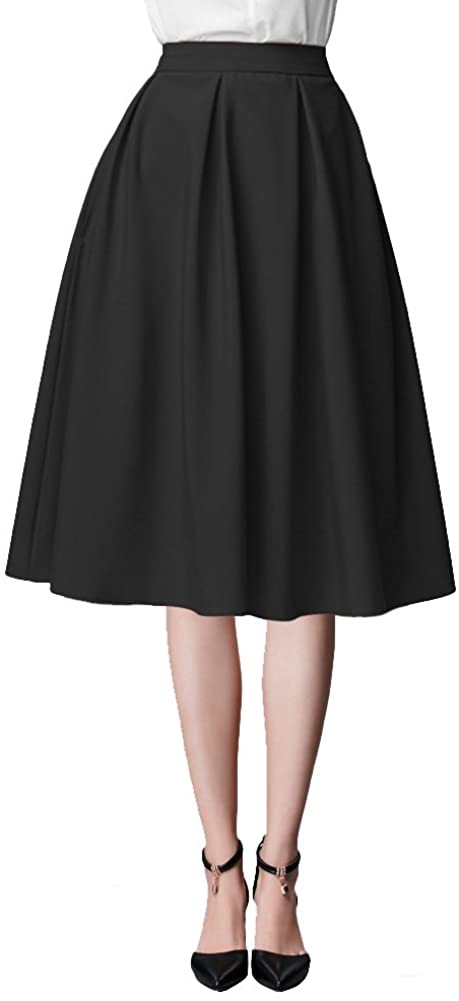 Women's Flared A line Pocket Skirt High Waist Pleated Midi Skirt