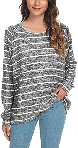 Women's Loose Casual Blouses Long Sleeve Knitted Striped Tunic Tops T-Shirts