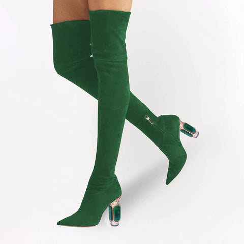 FSJ Women Winter Over The Knee Boots Crystal Chunky High Heels Stretch Thigh High Fashion Zipper Long Boots Faux Suede Comfort Warm Shoes Size 4-15 US