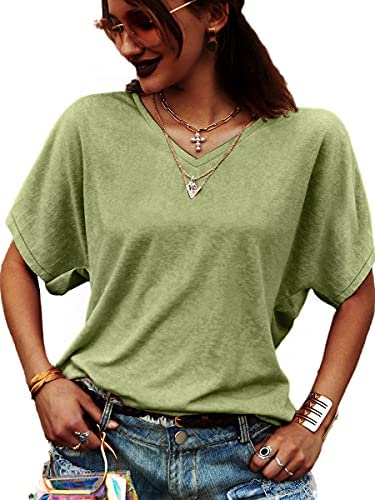 Womens V Neck Tops Short Sleeve Shirts Casual Loose Bat Sleeve T-Shirts Solid Basic Tunic Tops
