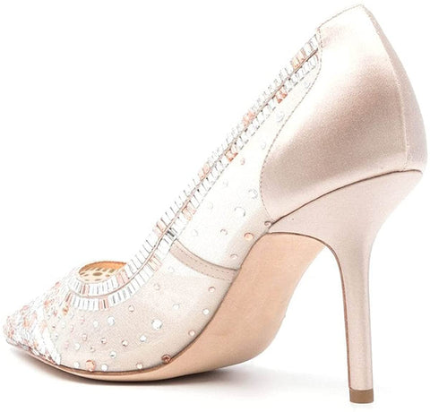 FSJ Women Wedding Rhinestones Mesh Satin High Heel Pumps Pointy Toe Stiletto Slip On Comfort Lace Sequins Bridal Dress Evening Shoes Size 4-15 US