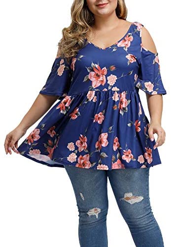 Women's Plus Size Sexy V Neck Open Back Tops Floral Print Cold Shoulder Pleated Flowy T Shirts