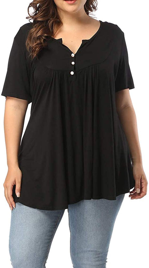 Women's Plus Size Henley V Neck Button Up Tunic Tops Casual Short Sleeve Ruffle Blouse Shirts