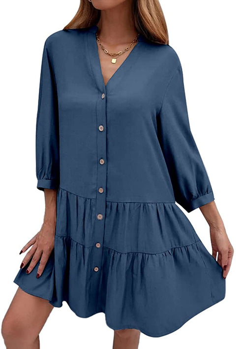 Dyexces Womens Long Sleeve Shift Dress V-Neck Button Up A-Line Midi Dress Summer Casual Loose Swing Tunic Dress