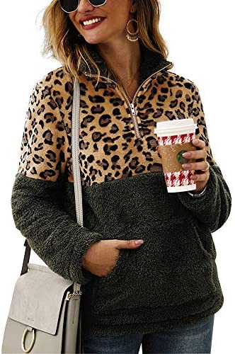 Women's Leopard Print Long Sleeve Pocket Sweatshirt Fuzzy Sweatshirt