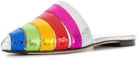 FSJ Women Fashion Pointed Toe Rainbow Mules Colorful Snake Print Flat Shoes Spring Summer Flats