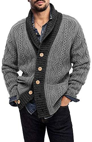 Yasiter Mens Shawl Collar Cable Knit Cardigan Sweater Button Loose Fit Long Sleeve Sweaters with Pockets