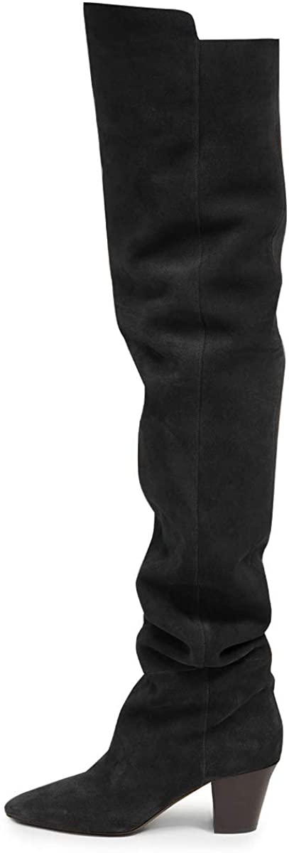 FSJ Women Over The Knee Boots Comfy Wrinkled Medium Chunky Heels Closed Point Toe Classic Pull On Business Shoes Size 4-15 M US