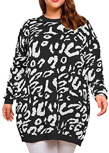 Women Plus Size Pullover Sweaters Long Sleeve Leopard Print Knitted Crew Neck Warm Sweater Tops