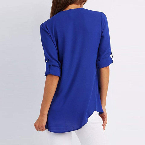 Women V Neck Plus Size Chiffon Blouse Shirts with Half-Zip Up in The Front Blue
