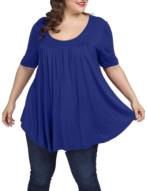 Women Plus Size Tops Summer Casual Pleated Flowy Loose Scoop Neck Shirts