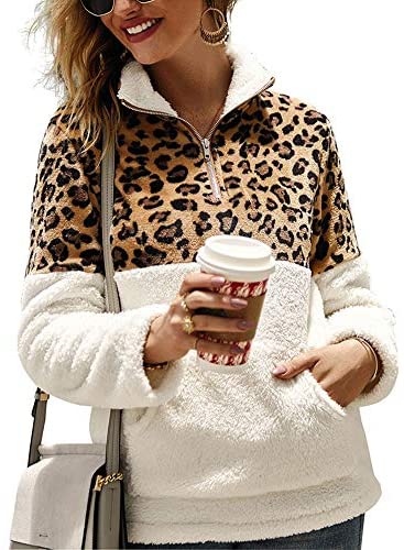 Women's Leopard Print Long Sleeve Pocket Sweatshirt Fuzzy Sweatshirt