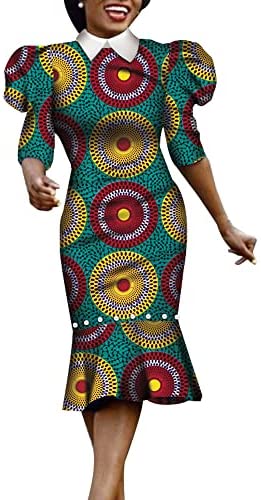 XIAOHUAGUA African Dashiki Print Dresses for Women Half Puff Sleeve Pearls Elegant Party Dress