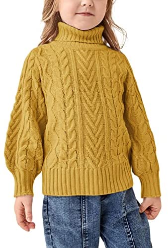 Girls Sweater Turtle Neck Puff Sleeve Chunky Cable Knit Kids Pullover Jumper Top