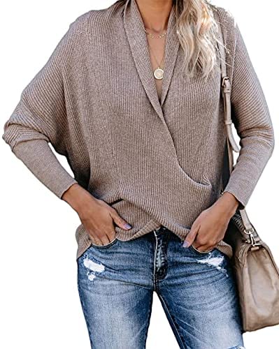 Women Casual Knitted V Neck Sweaters Long Sleeve Cross Wrap Front Asymmetric Hem Solid Pullover Top