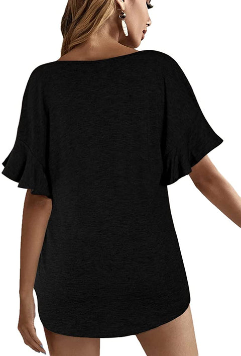 Womens Sexy V Neck Tops Fashion Ruffle Sleeve Casual T Shirts Short Sleeve Loose Basic Tee